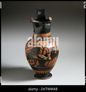 Art inspiré par la terre cuite oinochoe (carafe), archaïque, ca. 515 av. J.-C., grec, Attique, terre cuite ; figure noire, H. 10 15/16 po (27,8 cm) ; diamètre du pied : 3 1/16 po (7,7 cm), vases, Herakles et Pholos. Alors qu'Herakles faisait son travail pour capturer le Boar d'Erymanthéan, le centaure, les œuvres classiques modernisées par Artotop avec un peu de modernité. Formes, couleur et valeur, impact visuel accrocheur sur l'art émotions par la liberté d'œuvres d'art d'une manière contemporaine. Un message intemporel qui cherche une nouvelle direction créative. Artistes qui se tournent vers le support numérique et créent le NFT Artotop Banque D'Images