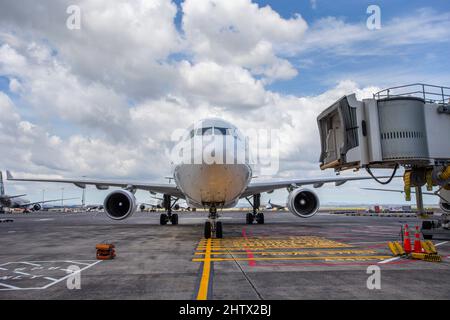 Qantas A330 Airbus à l'aéroport d'Auckland, Nouvelle-Zélande, le lundi 28 février 2022. Banque D'Images