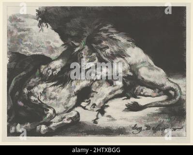 Art inspiré par Lion dévorant un cheval, 1844, Lithographie; troisième état de cinq, image: 9 1/4 x 6 3/4 po. (23,5 x 17,1 cm), estampes, Eugène Delacroix (français, Charenton-Saint-Maurice 1798–1863 Paris, oeuvres classiques modernisées par Artotop avec une touche de modernité. Formes, couleur et valeur, impact visuel accrocheur sur l'art émotions par la liberté d'œuvres d'art d'une manière contemporaine. Un message intemporel qui cherche une nouvelle direction créative. Artistes qui se tournent vers le support numérique et créent le NFT Artotop Banque D'Images