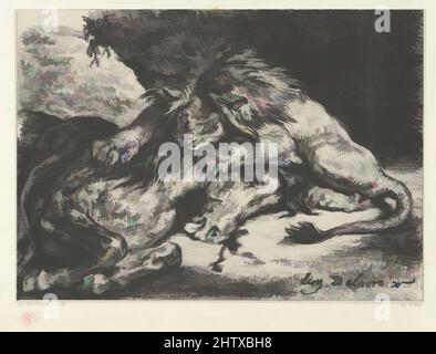 Art inspiré par Lion dévorant un cheval, 1844, Lithographie; quatrième état de cinq, image: 6 5/8 x 9 5/16 po. (16,9 x 23,6 cm), estampes, Eugène Delacroix (français, Charenton-Saint-Maurice 1798–1863 Paris, oeuvres classiques modernisées par Artotop avec une touche de modernité. Formes, couleur et valeur, impact visuel accrocheur sur l'art émotions par la liberté d'œuvres d'art d'une manière contemporaine. Un message intemporel qui cherche une nouvelle direction créative. Artistes qui se tournent vers le support numérique et créent le NFT Artotop Banque D'Images