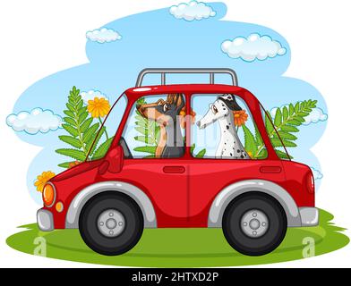 Beaucoup de chiens en voiture rouge dans l'illustration du parc Illustration de Vecteur