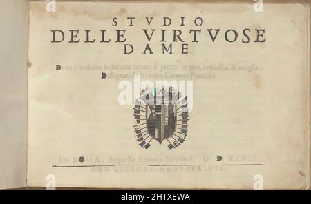 Art inspiré par Studio delle virtuose Dame, 1597, Woodcut, total: 5 1/2 x 8 1/16 po. (14 x 20,5 cm), conçu par Isabella Catanea Parasole, Italien, CA. 1575 environ 1625, publié par Antonio Fachetti, Rome. Page de titre avec armes, 2 pages de dédicace chacune avec lettre initiale de coupe de bois, 33, oeuvres classiques modernisées par Artotop avec une touche de modernité. Formes, couleur et valeur, impact visuel accrocheur sur l'art émotions par la liberté d'œuvres d'art d'une manière contemporaine. Un message intemporel qui cherche une nouvelle direction créative. Artistes qui se tournent vers le support numérique et créent le NFT Artotop Banque D'Images