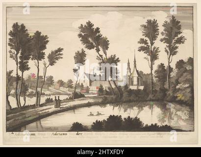 Art inspiré par l'abbaye de Rothendael, 1648, Etching, deuxième état de trois, feuille : 6 1/8 × 8 1/2 po. (15,6 × 21,6 cm), estampes, Venceslaus Holar (Bohemian, Prague 1607–1677 Londres), Abbaye de Rothendael vue sur un lac bordé d'arbres, avec deux cygnes sur l'eau. Deux religieux marchent le long d'une, des œuvres classiques modernisées par Artotop avec une touche de modernité. Formes, couleur et valeur, impact visuel accrocheur sur l'art émotions par la liberté d'œuvres d'art d'une manière contemporaine. Un message intemporel qui cherche une nouvelle direction créative. Artistes qui se tournent vers le support numérique et créent le NFT Artotop Banque D'Images