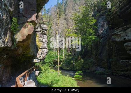 Galerie et rochers dans la vallée de Kamenice, rivière Kamenice, Kamnitz, Hrensko, Herrnskretschen, Okres Decin, Ustecky kraj, Suisse de Bohême Banque D'Images