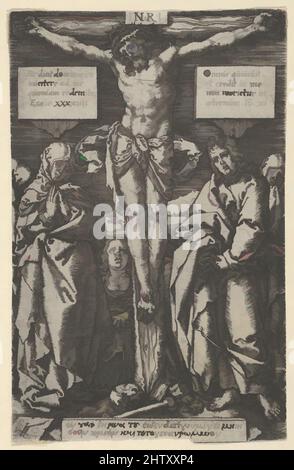 Art inspiré par Christ sur la Croix, 1553, gravure, feuille : 4 1/2 × 2 7/8 po. (11,4 × 7,3 cm), tirages, Heinrich Aldégraissant (allemand, Paderborn ca. 1502–1555/1561 Soest), après Georg Pentz (allemand, Wroclaw ca. 1500–1550 Leipzig), Christ sur la Croix, avec la Vierge debout à l'extrême gauche, oeuvres classiques modernisées par Artotop avec une touche de modernité. Formes, couleur et valeur, impact visuel accrocheur sur l'art émotions par la liberté d'œuvres d'art d'une manière contemporaine. Un message intemporel qui cherche une nouvelle direction créative. Artistes qui se tournent vers le support numérique et créent le NFT Artotop Banque D'Images