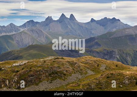 Vue du col de la Croix de fer à l'aiguille Centrale d'Arves, Rhône-Alpes, Savoie, France Banque D'Images