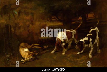 Art inspiré par les chiens de chasse au lièvre mort, 1857, huile sur toile, 36 1/2 x 58 1/2 po. (92,7 x 148,6 cm), peintures, Gustave Courbet (français, Ornans 1819–1877 la Tour-de-Peilz), cette photo date de la même année que Courbet a fait ses débuts de chasse au salon de Paris de 1857. IT, Classic œuvres modernisées par Artotop avec un peu de modernité. Formes, couleur et valeur, impact visuel accrocheur sur l'art émotions par la liberté d'œuvres d'art d'une manière contemporaine. Un message intemporel qui cherche une nouvelle direction créative. Artistes qui se tournent vers le support numérique et créent le NFT Artotop Banque D'Images