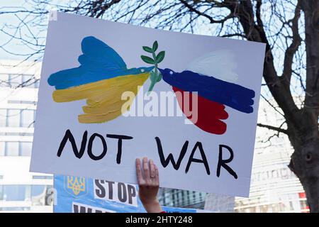 Affiche de protestation contre l'invasion russe de l'Ukraine, deux colombes de la paix dans les couleurs nationales de l'Ukraine et de la Russie, la guerre d'Ukraine, la paix Banque D'Images