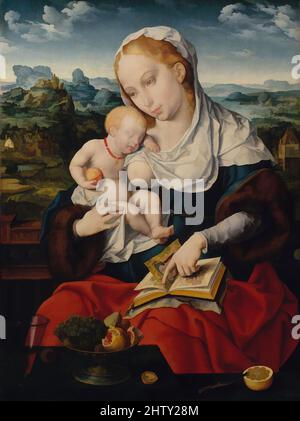 Art inspiré par Virgin and Child, env. 1525, huile sur bois, hors tout 28 3/8 x 21 1/4 po (72,1 x 54 cm); surface peinte 27 3/4 x 20 3/4 po (70,5 x 52,7 cm), peintures, Joos van Cleve (Netherlandish, Cleve ca. 1485–1540/41 Anvers) et un collaborateur, deux thèmes iconographiques sont combinés, les œuvres classiques modernisées par Artotop avec une touche de modernité. Formes, couleur et valeur, impact visuel accrocheur sur l'art émotions par la liberté d'œuvres d'art d'une manière contemporaine. Un message intemporel qui cherche une nouvelle direction créative. Artistes qui se tournent vers le support numérique et créent le NFT Artotop Banque D'Images