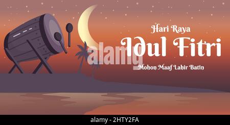 eid al fitr - selamat raya idul fitri illustration bannière sur fond de nuit avec bedug Illustration de Vecteur