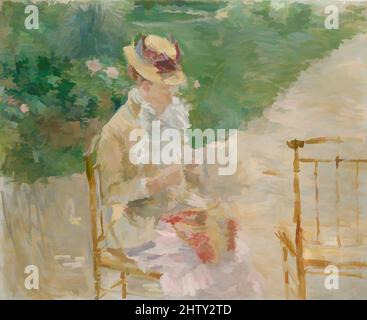 Art inspiré par la jeune femme Knitting, ca. 1883, huile sur toile, 19 3/4 x 23 5/8 in. (50,2 x 60 cm), peintures, Berthe Morisot (français, Bourges 1841–1895 Paris), Morisot, Qui a exposé avec les impressionnistes entre 1874 et 1886, peint un certain nombre de figures hors-des-portes dans lesquelles elle, les œuvres classiques modernisées par Artotop avec un peu de modernité. Formes, couleur et valeur, impact visuel accrocheur sur l'art émotions par la liberté d'œuvres d'art d'une manière contemporaine. Un message intemporel qui cherche une nouvelle direction créative. Artistes qui se tournent vers le support numérique et créent le NFT Artotop Banque D'Images