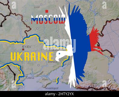 Illustration du conflit en Ukraine. Une carte avec la frontière des pays et un vautour volant à l'Ukraine coloriant dans la couleur du drapeau de la Russie. Banque D'Images