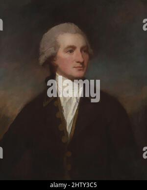 Art inspiré par Portrait of a Man, huile sur toile, 30 x 24 3/4 cm (76,2 x 62,9 cm), peintures, George Romney (Britannique, Beckside, Lancashire 1734–1802 Kendal, Cumbria), le costume, une chemise en lin blanc, un cravat, et un gilet, et un manteau brun avec des boutons de tresse or et doré, suggère a, les œuvres classiques modernisées par Artotop avec un peu de modernité. Formes, couleur et valeur, impact visuel accrocheur sur l'art émotions par la liberté d'œuvres d'art d'une manière contemporaine. Un message intemporel qui cherche une nouvelle direction créative. Artistes qui se tournent vers le support numérique et créent le NFT Artotop Banque D'Images