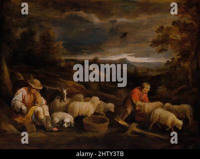 Art inspiré des bergers et des moutons, huile sur bois, 6 5/8 x 9 po. (16,8 x 22,9 cm), peintures, David Teniers le plus jeune (flamand, Anvers 1610–1690 Bruxelles), cette image appartient au même groupe d'exemplaires de Teniers après des peintures dans la collection de l'Archiduc Léopold Wilhelm AS, œuvres classiques modernisées par Artotop avec un peu de modernité. Formes, couleur et valeur, impact visuel accrocheur sur l'art émotions par la liberté d'œuvres d'art d'une manière contemporaine. Un message intemporel qui cherche une nouvelle direction créative. Artistes qui se tournent vers le support numérique et créent le NFT Artotop Banque D'Images