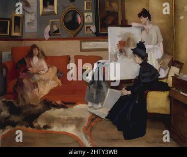 Art inspiré par In the Studio, 1888, huile sur toile, 42 x 53 1/2 po. (106,7 x 135,9 cm), peintures, Alfred Stevens (Belge, Bruxelles 1823–1906 Paris), à l'époque où Stevens expose ce tableau au salon de 1892, son statut de peintre d'excellence de chic, féminité parisienne a été, oeuvres classiques modernisées par Artotop avec un peu de modernité. Formes, couleur et valeur, impact visuel accrocheur sur l'art émotions par la liberté d'œuvres d'art d'une manière contemporaine. Un message intemporel qui cherche une nouvelle direction créative. Artistes qui se tournent vers le support numérique et créent le NFT Artotop Banque D'Images