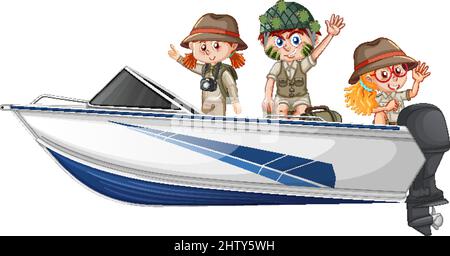 Garçon et fille en costume safari assis sur un bateau sur un fond blanc illustration Illustration de Vecteur