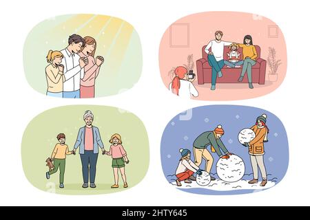 Ensemble de jeunes parents heureux avec de petits enfants de la vie quotidienne. Collection de famille souriante avec enfants activités quotidiennes, passer du temps à jouer ensemble. Concept de planification familiale. Illustration vectorielle. Illustration de Vecteur