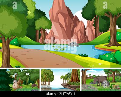 Quatre scènes avec animaux sauvages dans la jungle illustration Illustration de Vecteur