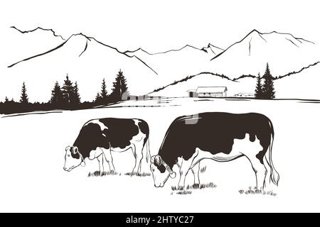 Paysage de ferme avec des vaches dans le pâturage Illustration de Vecteur