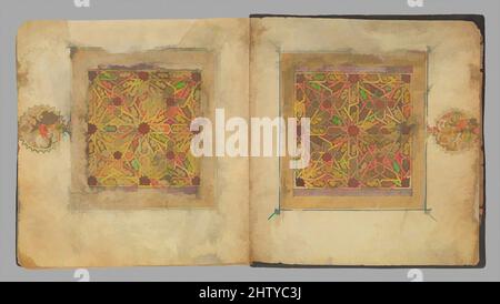 Art inspiré par Section d'un manuscrit de Qur'an, ca. 1300, attribué au Maroc ou au sud de l'Espagne, encre, or, et aquarelle opaque sur parchemin, 7 15/16 x 7 9/16 po. (20,2 x 19,2 cm), CODICES, comme deuxième volume d'un manuscrit Qur'an en sept parties, ce codex ne contient pas de colophon, œuvres classiques modernisées par Artotop avec un peu de modernité. Formes, couleur et valeur, impact visuel accrocheur sur l'art émotions par la liberté d'œuvres d'art d'une manière contemporaine. Un message intemporel qui cherche une nouvelle direction créative. Artistes qui se tournent vers le support numérique et créent le NFT Artotop Banque D'Images
