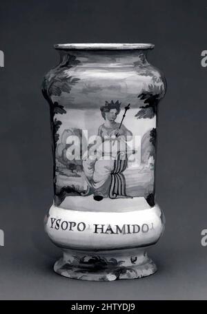 Art inspiré par Apothecary jar (albarello), ca. 1560–70, Italien, Urbino, Maiolica (faïence émaillée), hauteur : 9 1/16 po. (23cm), céramique-poterie, oeuvres classiques modernisées par Artotop avec un peu de modernité. Formes, couleur et valeur, impact visuel accrocheur sur l'art émotions par la liberté d'œuvres d'art d'une manière contemporaine. Un message intemporel qui cherche une nouvelle direction créative. Artistes qui se tournent vers le support numérique et créent le NFT Artotop Banque D'Images