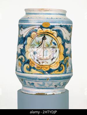 Art inspiré par le pot Apothecary (albarello), 17th siècle, italien, peut-être Trapani, Maiolica (faïence émaillée), Hauteur : 9 1/16 po (23 cm), céramique-poterie, oeuvres classiques modernisées par Artotop avec une touche de modernité. Formes, couleur et valeur, impact visuel accrocheur sur l'art émotions par la liberté d'œuvres d'art d'une manière contemporaine. Un message intemporel qui cherche une nouvelle direction créative. Artistes qui se tournent vers le support numérique et créent le NFT Artotop Banque D'Images