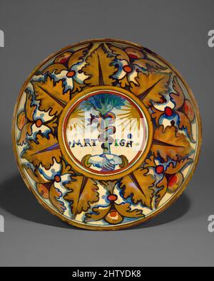 Art inspiré par le plat (coppa), env. 1530–35, italien, Gubbio, Maiolica (faïence émaillée), diamètre : 9 po. (22,9cm), céramique-poterie, oeuvres classiques modernisées par Artotop avec un peu de modernité. Formes, couleur et valeur, impact visuel accrocheur sur l'art émotions par la liberté d'œuvres d'art d'une manière contemporaine. Un message intemporel qui cherche une nouvelle direction créative. Artistes qui se tournent vers le support numérique et créent le NFT Artotop Banque D'Images