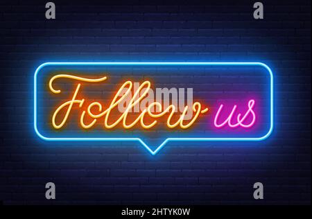 Neon nous suit dans la bulle de la parole sur fond de mur de brique. Illustration de Vecteur