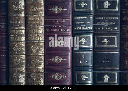 Vieux livres liés en cuir recouvert de papier d'aluminium doré Banque D'Images