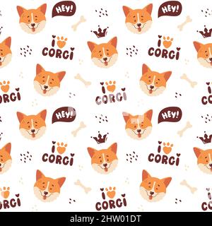 Motif sans couture Corgi. Jolis visages gallois souriants en corgi et lettres à dessin à la main. Joyeux chien personnages. Arrière-plan vectoriel tendance. Illustration de Vecteur