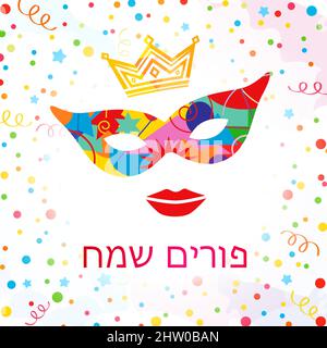 Masque Happy purim et confettis colorés. Modèle de conception graphique abstrait isolé. Happy Purim script juif, toile de fond couleur, couronne de roi et ca brillant Illustration de Vecteur