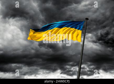 Un drapeau ukrainien flotte dans le vent contre un ciel sombre et nuageux. Banque D'Images