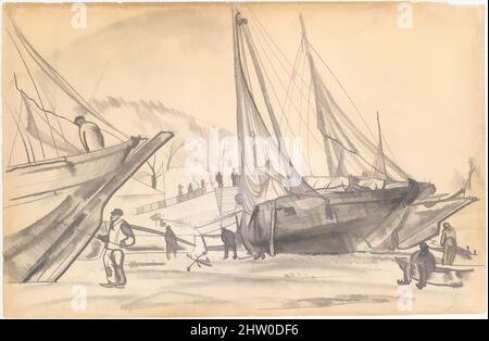 Art inspiré par Ships at Dock, 1922, Graphite sur papier, 12 7/8 x 20 5/8 po. (32,7 x 52,4 cm), dessins, Boris Grigoriev (russe, Rybinsk 1886–1939 Cagnes-sur-Mer, oeuvres classiques modernisées par Artotop avec une touche de modernité. Formes, couleur et valeur, impact visuel accrocheur sur l'art émotions par la liberté d'œuvres d'art d'une manière contemporaine. Un message intemporel qui cherche une nouvelle direction créative. Artistes qui se tournent vers le support numérique et créent le NFT Artotop Banque D'Images