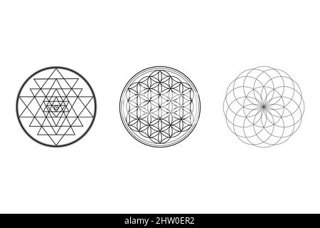 Arrière-plan de la géométrie sacrée, Sri Yantra, Fleur de vie, Torus, géométrie sacrée isolée sur un fond blanc Illustration, 3 symbole ancien fond d'écran Banque D'Images