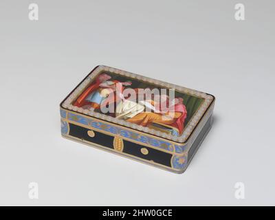 Art inspiré par Music Box, env. 1820, Suisse, Suisse, divers matériaux, L. 8,3 cm (3 1/4 po.) x L. 5,7 cm (2 1/4 po.) x D. 2,2 cm (7/8 po.), Idiophone, boîte à musique en or oblong et émail. Les frontières bleu et jaune émaillé, la couverture portant un miniature classique émaillé, œuvres classiques modernisées par Artotop avec un peu de modernité. Formes, couleur et valeur, impact visuel accrocheur sur l'art émotions par la liberté d'œuvres d'art d'une manière contemporaine. Un message intemporel qui cherche une nouvelle direction créative. Artistes qui se tournent vers le support numérique et créent le NFT Artotop Banque D'Images