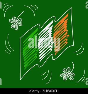 Drapeau tricolore d'Irlande et shamrock, dessin à la craie sur fond vert. Dessin enfant irlandais. Elément vectoriel Illustration de Vecteur