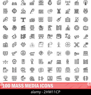 100 icônes de média de masse définies.Illustration du contour de 100 icônes de média de masse ensemble de vecteurs isolés sur fond blanc Illustration de Vecteur