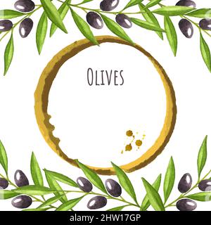 Modèle pour étiquette, bannière, carte postale, aquarelle vectorielle, branche d'olives avec un point rond, place pour une inscription, dessin à la main. . Illustration vectorielle Illustration de Vecteur