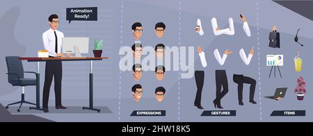 Jeu de caractères professionnels pour l'animation avec différentes parties du corps et poses Illustration de Vecteur