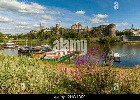 France, Maire-et-Loire, vallée de la Loire classée au patrimoine mondial de l'UNESCO, Angers, l'échelle de Savatte (port fluvial sur le Maine) avec le château des ducs d'Anjou et la cathédrale Saint-Maurice en arrière-plan Banque D'Images