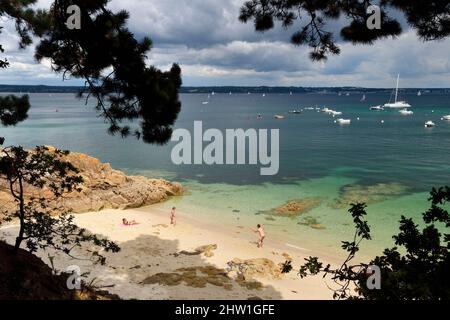 France, Finistère (29), Fouesnant, le littoral entre le Cap Coz et la Pointe de Beg Meil, plage le long du chemin côtier Banque D'Images