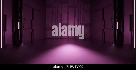 Alien SciFi Corridor Hangar Basement souterrain couloir avancé gris foncé couleurs fond Laboratoire expérimental 3D Illustration Banque D'Images