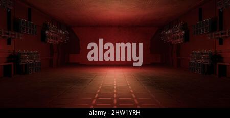 Métal ou béton Cyberpunk socle plate-forme tunnel espace couleurs sombres arrière-plan moderne 3D rendu Banque D'Images