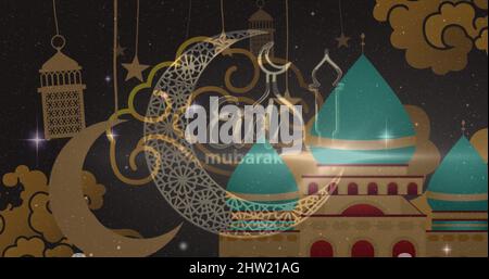 Image du logo eid mubarak et texte sur les lunes et la mosquée Banque D'Images