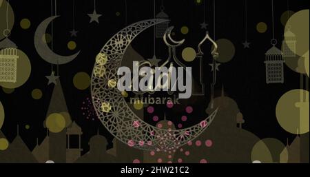 Image du logo eid mubarak et texte sur les lunes et la mosquée Banque D'Images