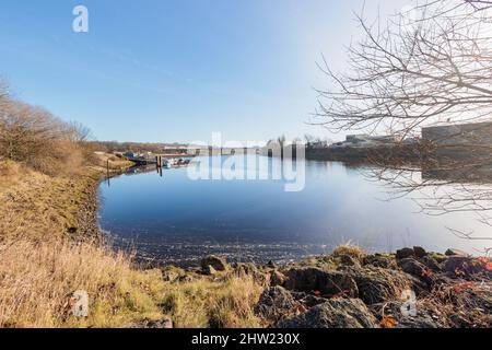 Newcastle UK: 31st Jan 2022: Newburn Riverside à la rivière Tyne, belle eau encore calme le jour ensoleillé. Pont autoroutier A1 en arrière-plan Banque D'Images