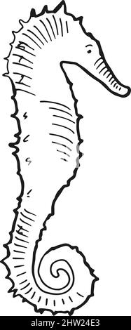 Croquis de cheval de mer. Animal exotique sous-marin de style dessiné à la main Illustration de Vecteur