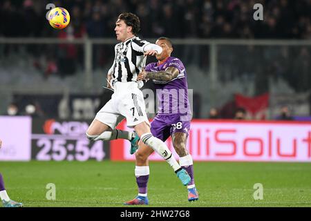 Italie. 02nd mars 2022. Dusan Vlahovic du FC Juventus et Igor de l'ACF Fiorentina pendant le match de football de Coppa Italia, Stadio Artemio Franchi, Fiorentina et Juventus, 2 mars 2022 (photo d'AllShotLive/Sipa USA) crédit: SIPA USA/Alay Live News Banque D'Images