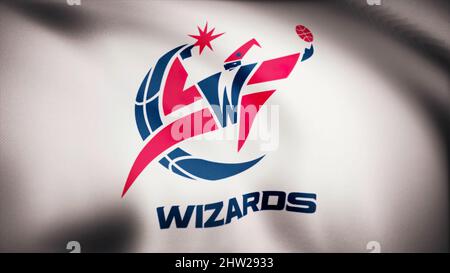 Animation dans le drapeau du vent du club de basket-ball Washington Wizards. Usage éditorial uniquement. Banque D'Images