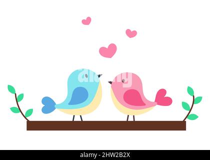 Deux oiseaux sur branche d'arbre. Illustration mignonne de style dessin animé plat. Concept de printemps, d'amour et de Saint-Valentin. Imprimé pour cartes, vêtements, textile, design Illustration de Vecteur